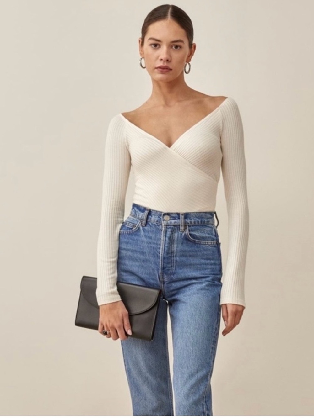 Reformation Minnie Knit Cream Ribbed Wrap V-Neck Sweater